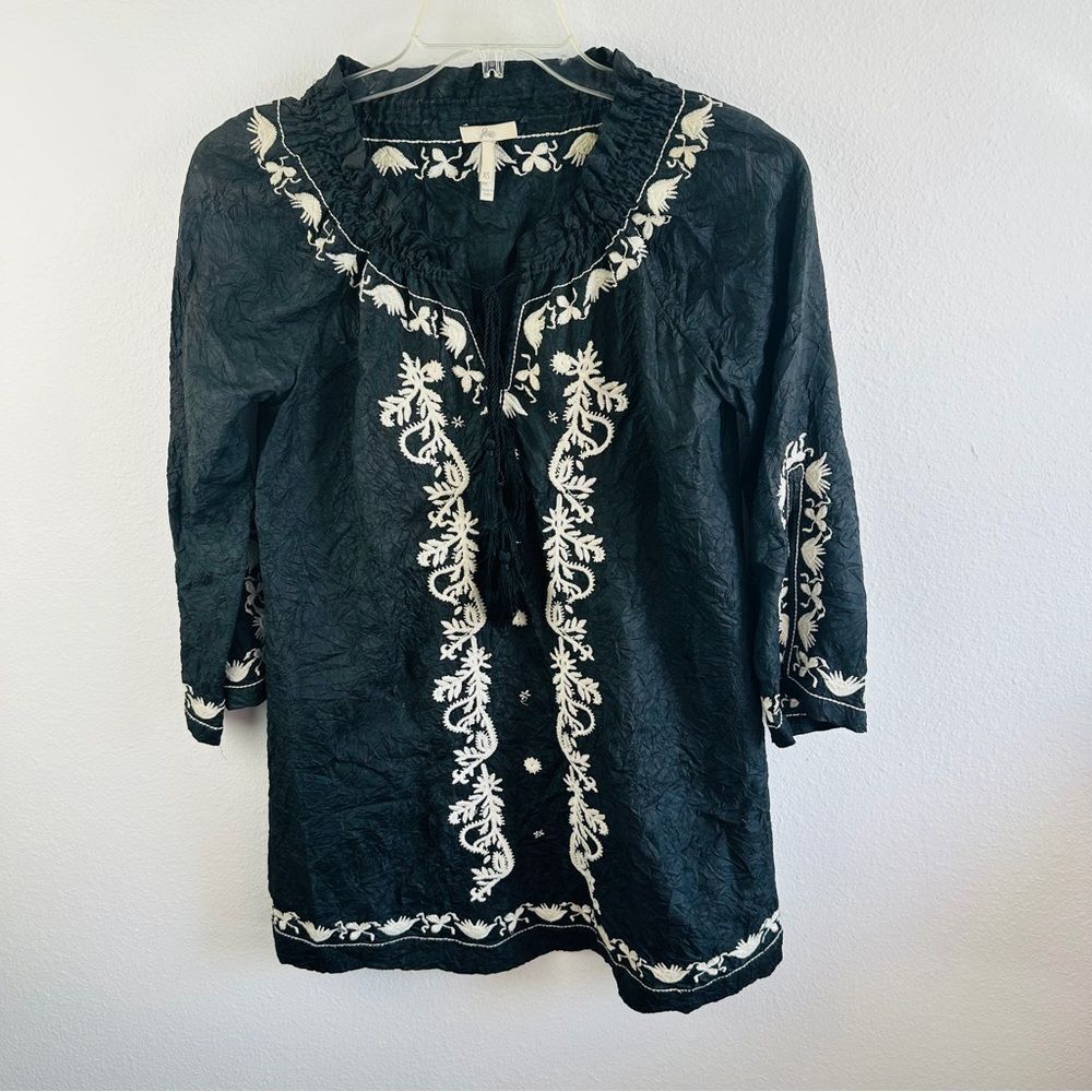 Joie Black Ivory‎ Embroidered Crinkle Silk Dress Size XS